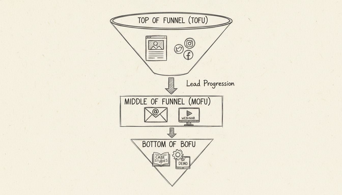 Diagramm des Lead-Generation-Funnels mit TOFU-, MOFU- und BOFU-Phasen, Inhaltstypen und Fortschrittspfeilen