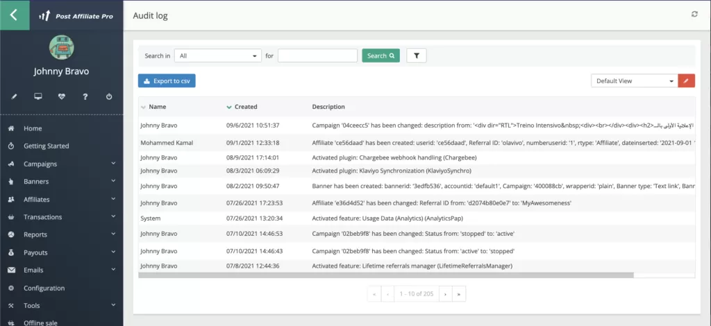 Post Affiliate Pro - Audit log
