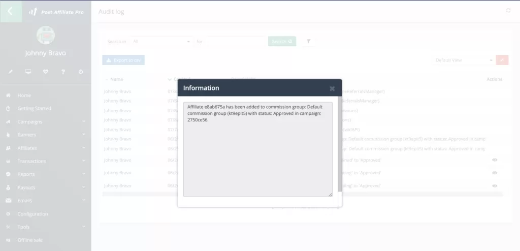 Audit-Log-Informationen in Post Affiliate Pro