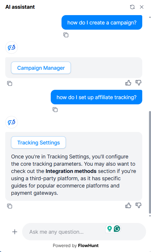 KI-Assistent-Chatbot im Post Affiliate Pro-Dashboard, der Fragen des Benutzers beantwortet