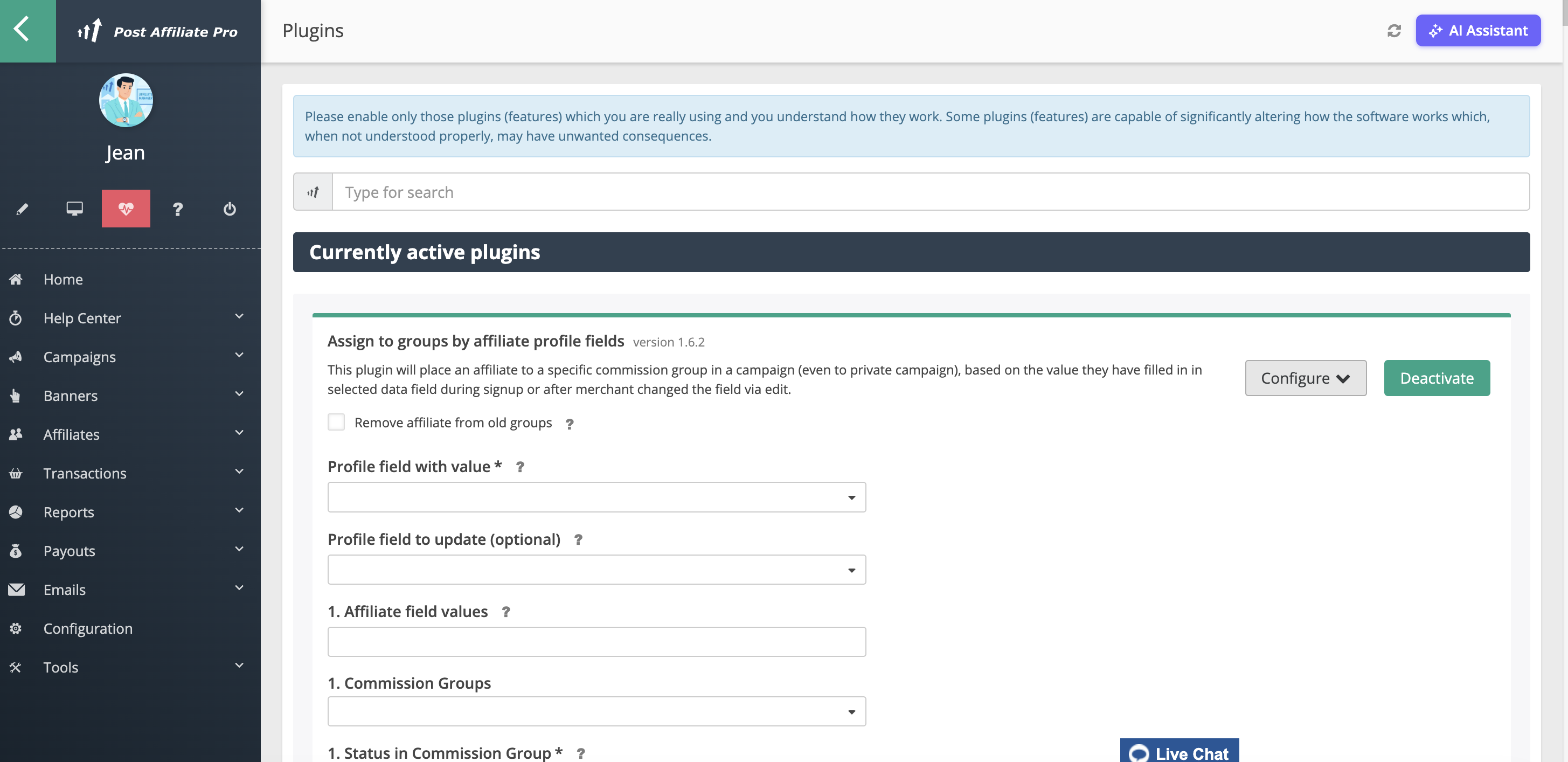 Post Affiliate Pro – Konfiguration des Plugins „Assign to Groups by Profile Fields“