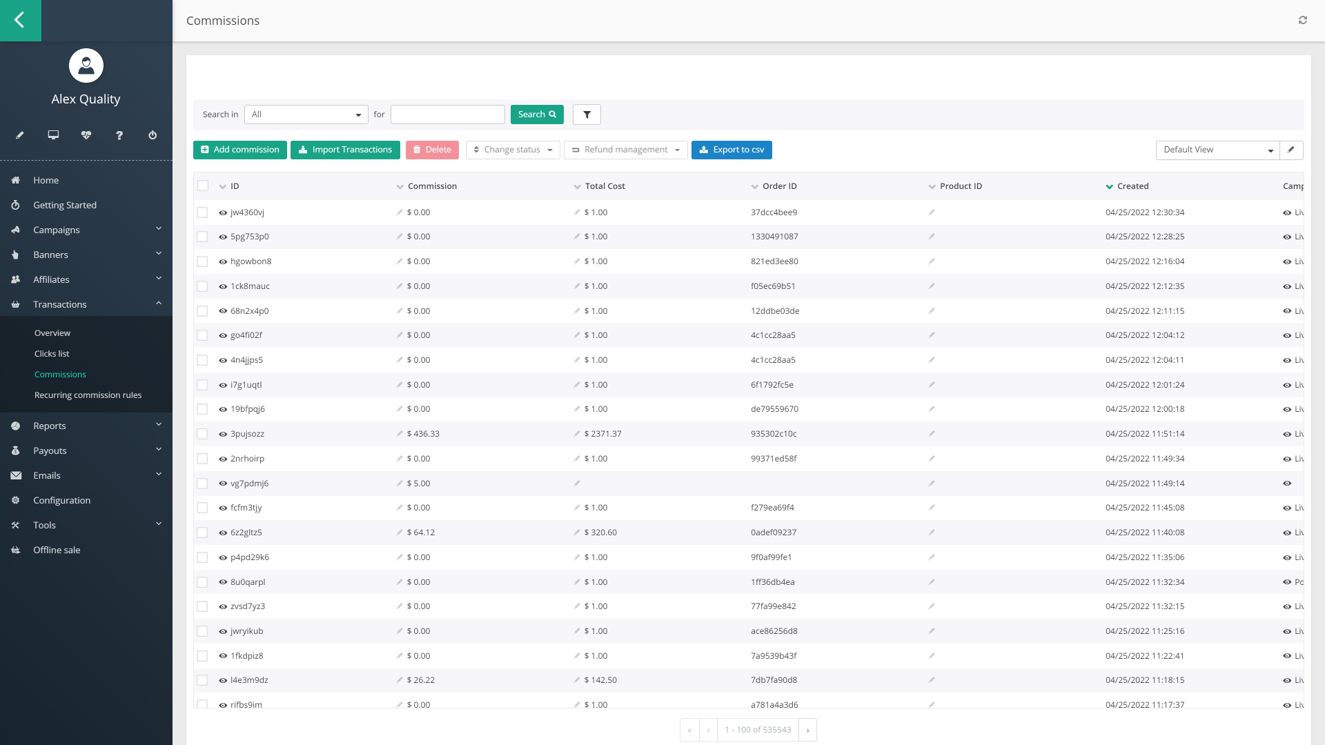 Provisionsübersicht in Post Affiliate Pro