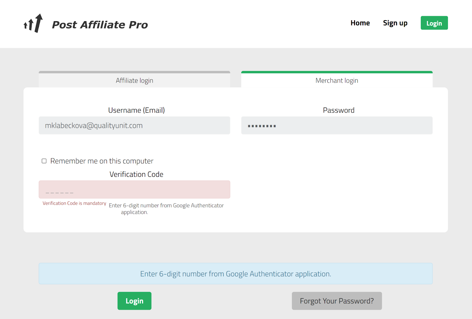 Post Affiliate Pro Händler-Login-Seite mit aktivierter Zwei-Faktor-Authentifizierung