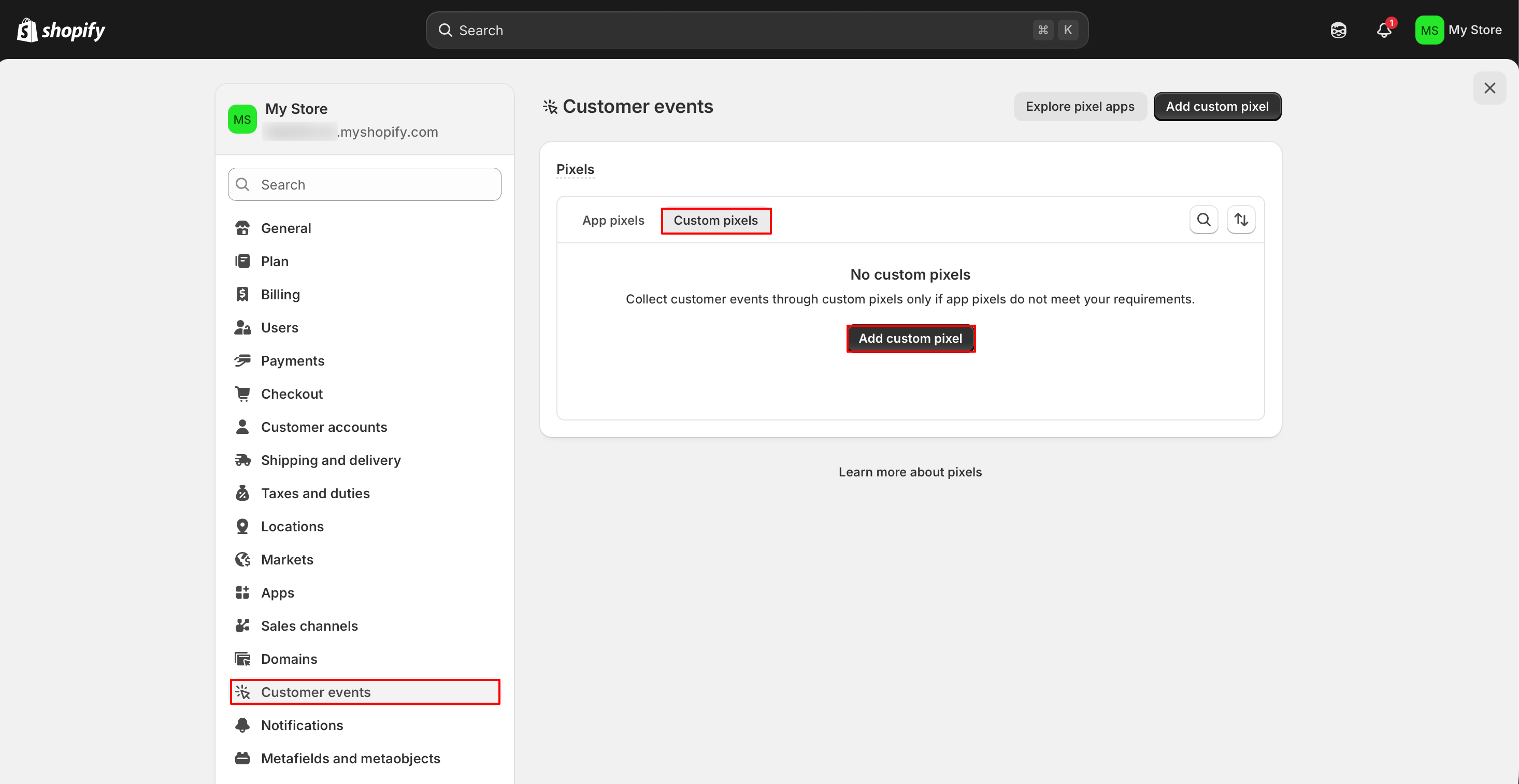 Shopify Customer events settings with Custom pixels option highlighted