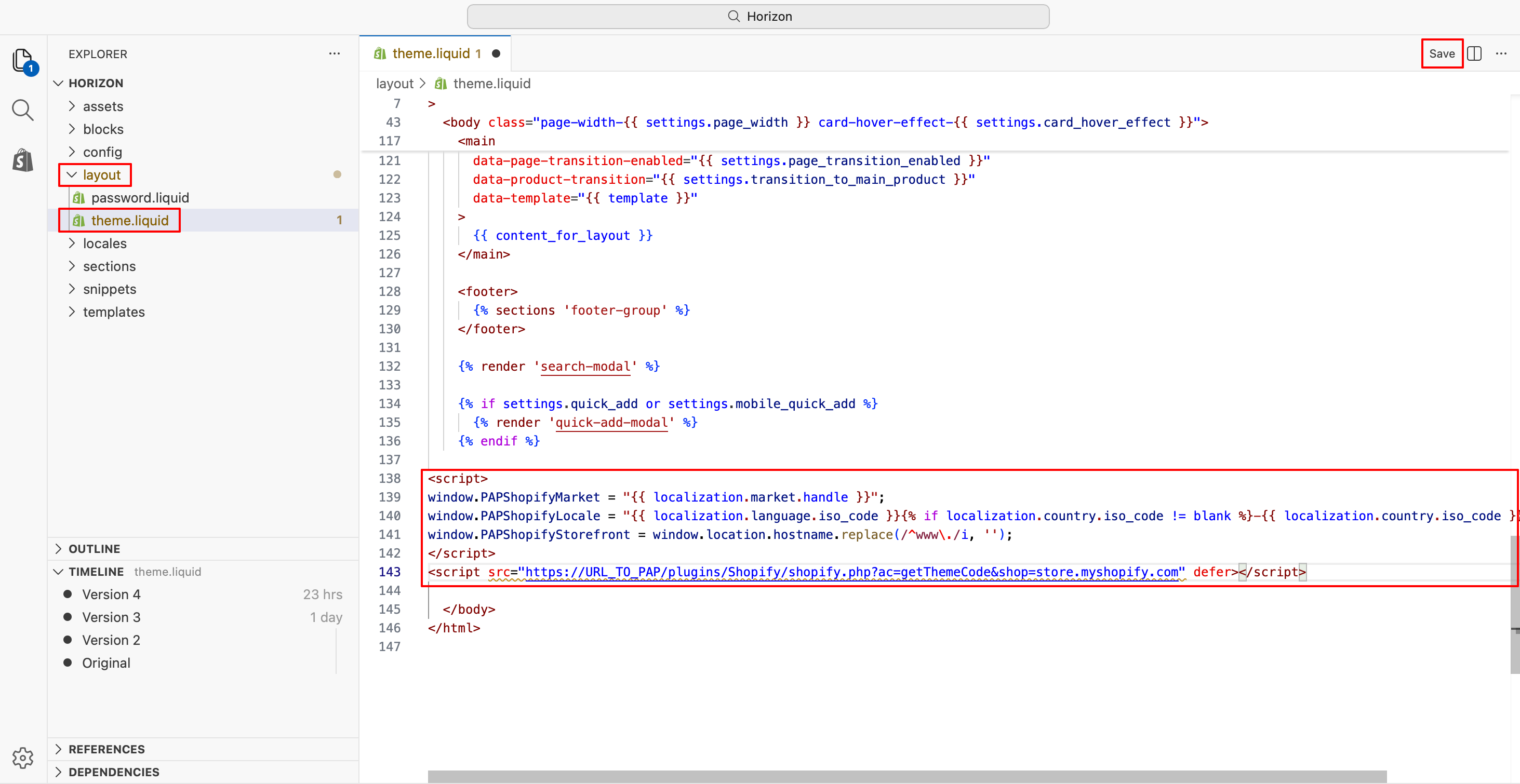 Shopify theme.liquid file with tracking snippet pasted before closing body tag