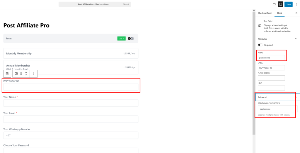 Hinzufügen des papvisitorid-Feldes zum SureCart-Checkout-Formular