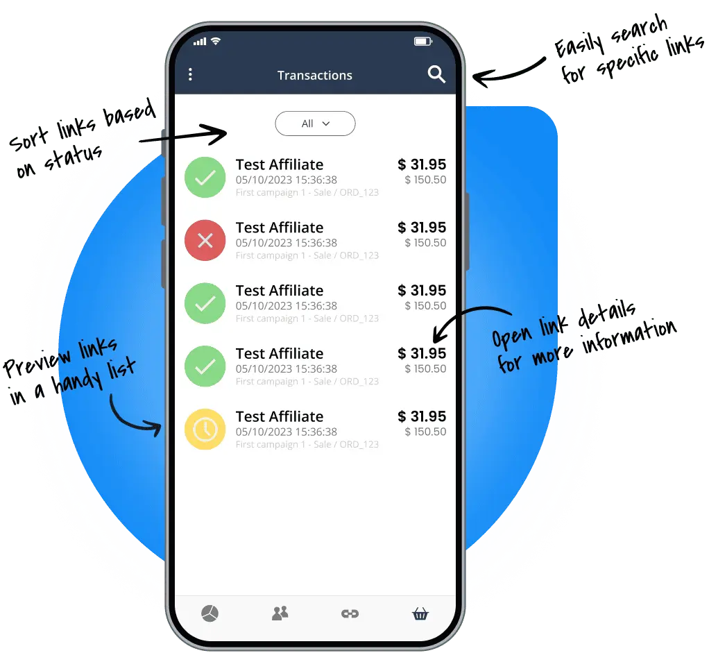 Überblick über die Transaktionsmanagement-Funktion in der Post Affiliate Pro Mobile App.