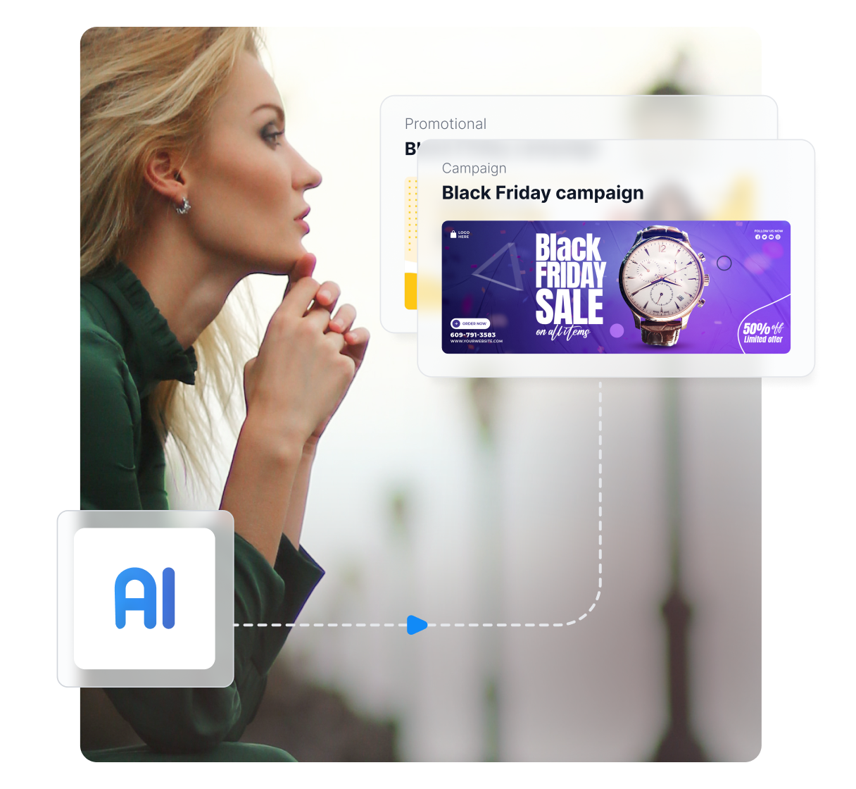 KI-Dashboard auf einem Smartphone zeigt Affiliate-Banner und Leistungsdiagramme (CTR, Conversions)