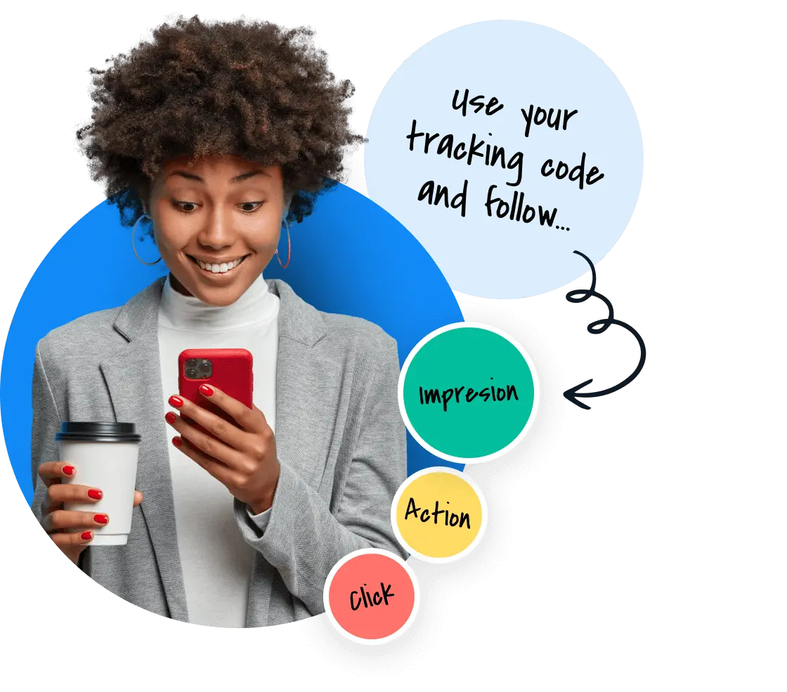 Stockbild einer Frau am Telefon neben einer einfachen Illustration, wie Referral Tracking in Post Affiliate Pro funktioniert.