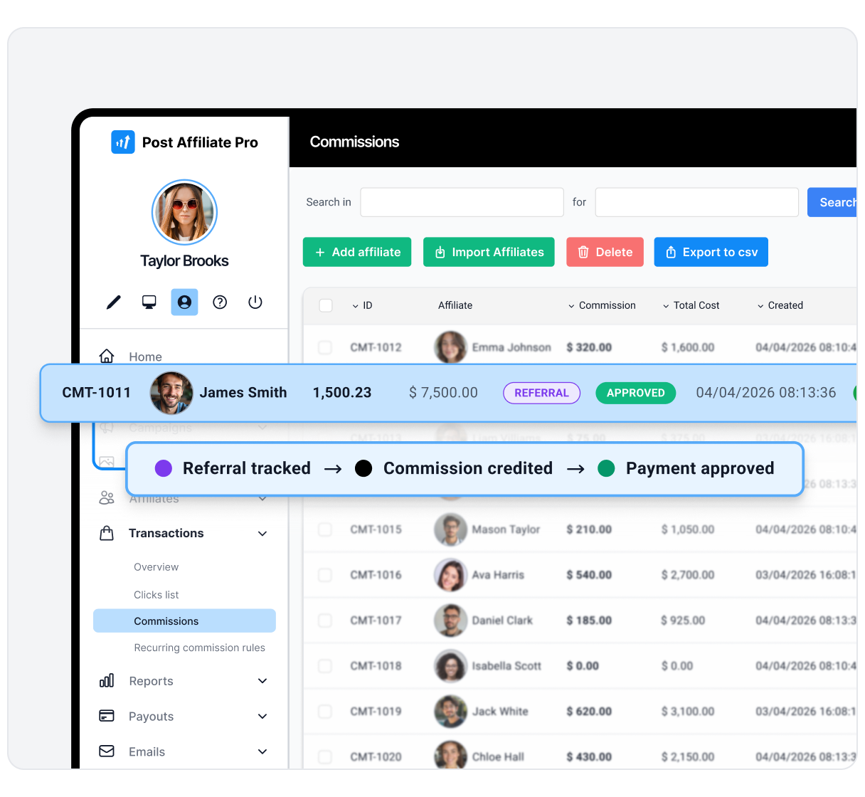 Affiliate-Tracking-App mit Klicks, Konversionen und genauer Provisionsattribution.