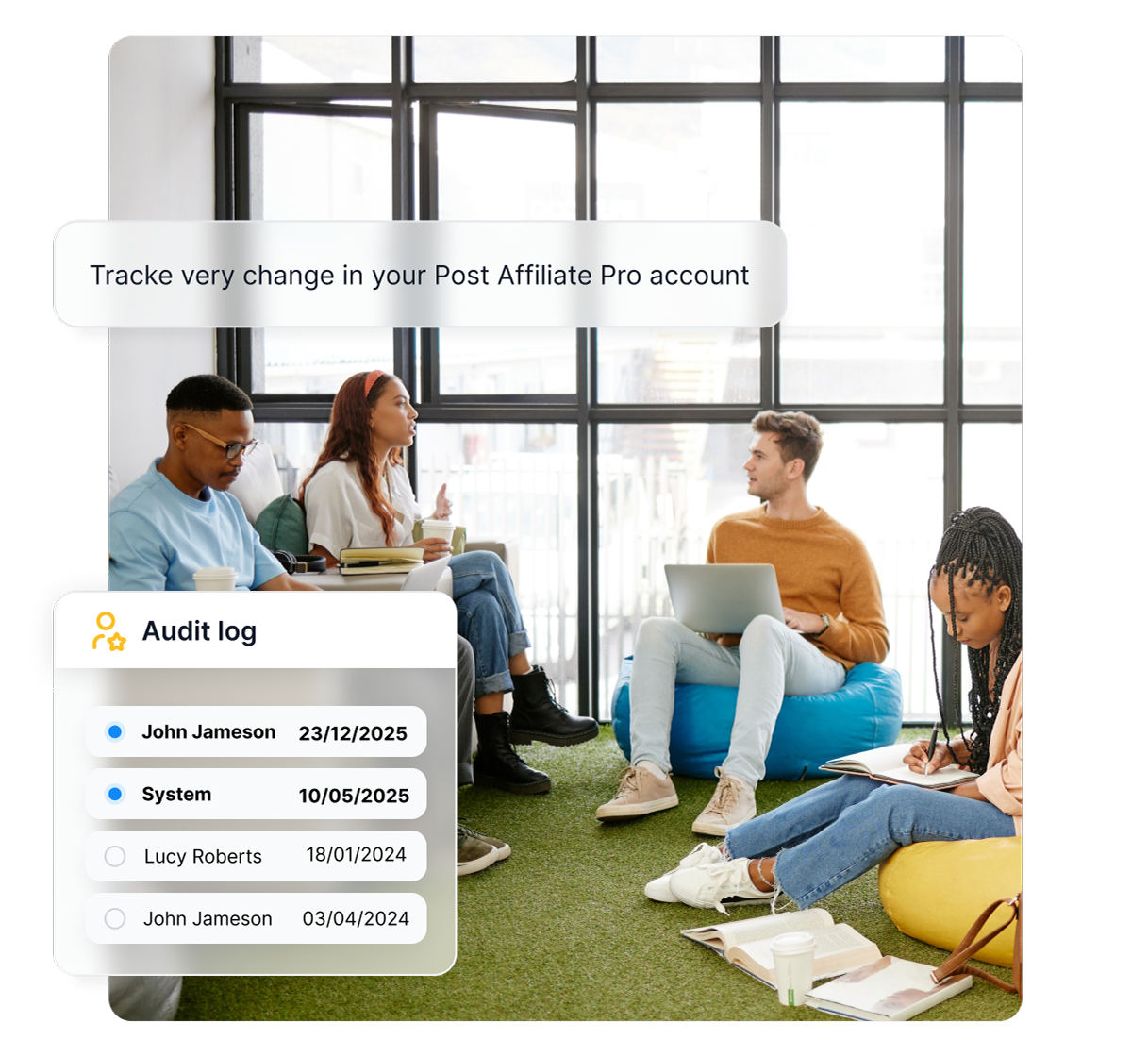 Audit-Log-Funktion in Post Affiliate Pro mit detailliertem Tracking von Affiliate-Aktivitäten und Transaktionen.