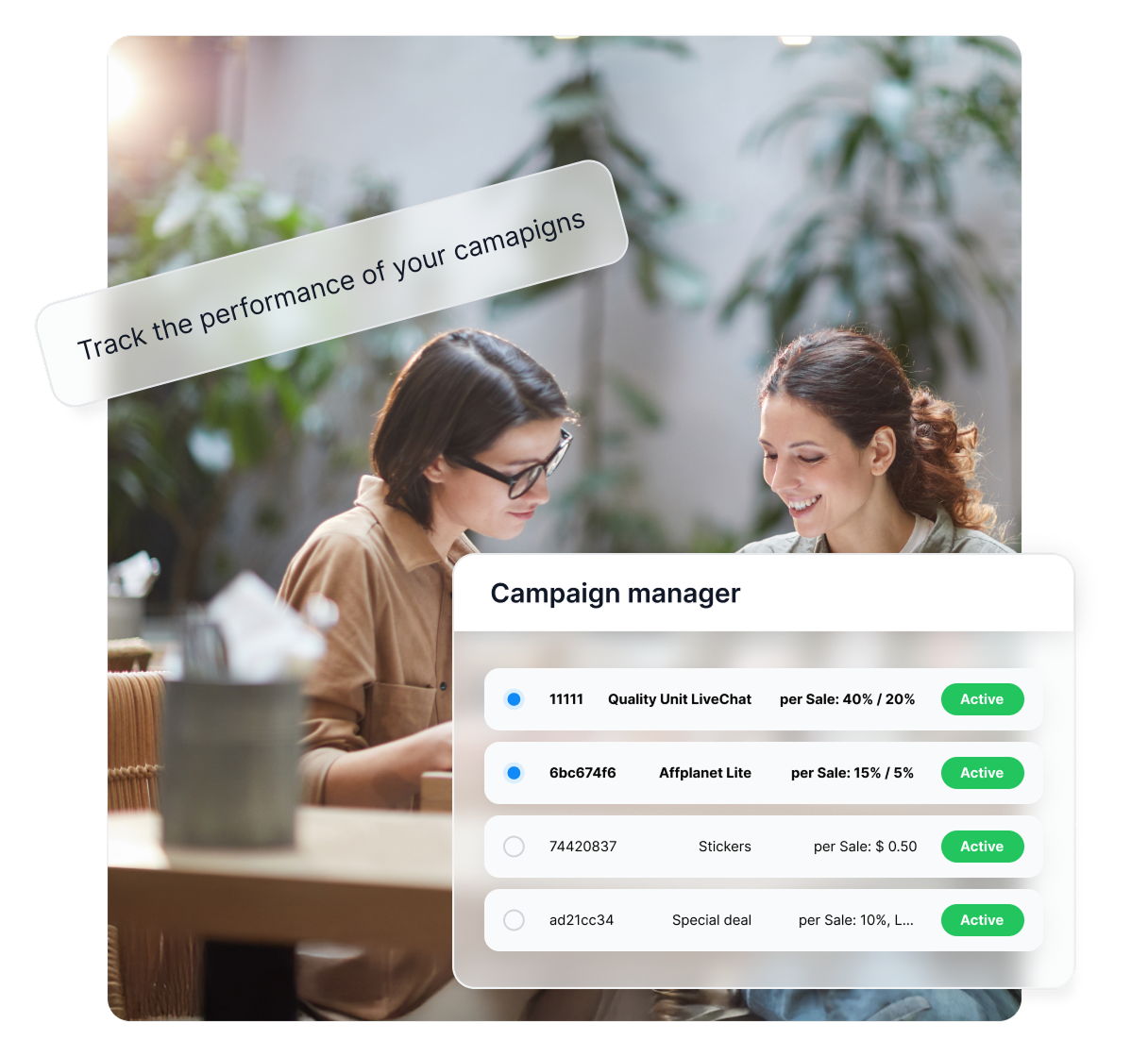 Kampagnenberichts-Funktion in Post Affiliate Pro mit Performance-Metriken für Affiliates und Werbematerialien.