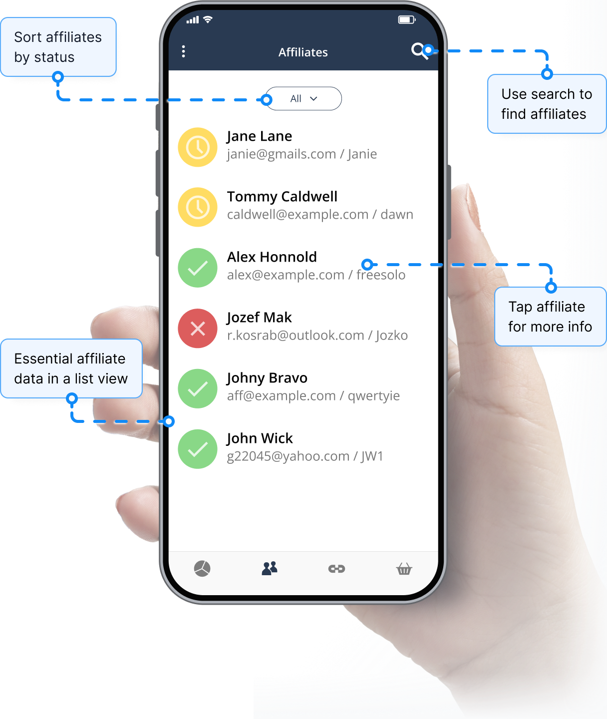Überblick über die Affiliate-Management-Funktion in der Post Affiliate Pro Mobile App.
