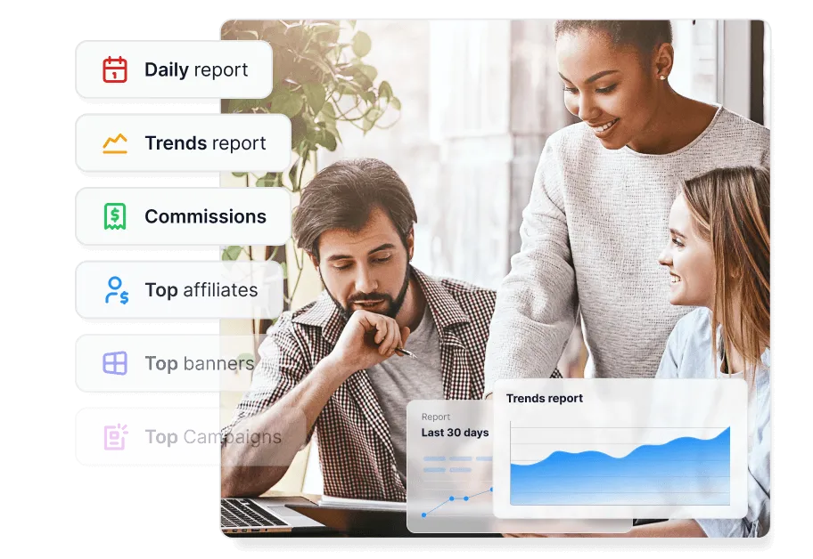 Stockfoto einer Frau am Telefon, daneben eine einfache Illustration, die zeigt, wie Post Affiliate Pro funktioniert, zusammen mit mehreren Auszeichnungs-Badges.